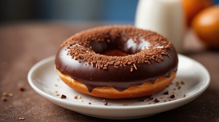 Closeup of delicious chocolate donut on plate blurred background