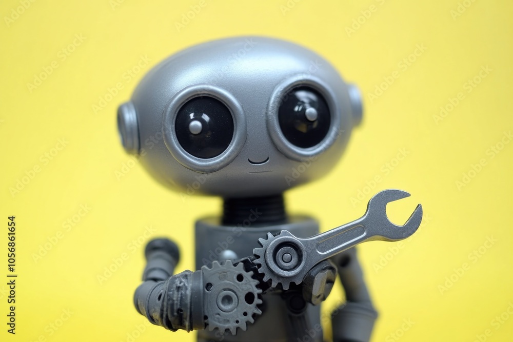 Poster a small toy robot holding a wrench, suitable for illustrations or animations about robotics and tech
