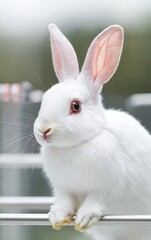 Obraz premium White rabbit portrait with pink ears, soft fur, and alert expression.