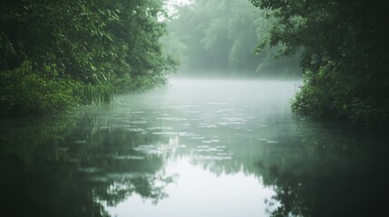 A serene scene with a misty river flowing through a dense forest