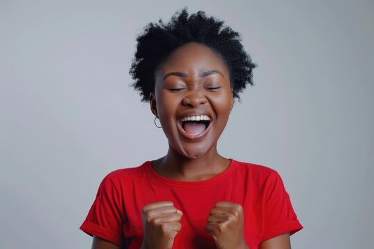 A woman with a bright red shirt on makes a comical expression