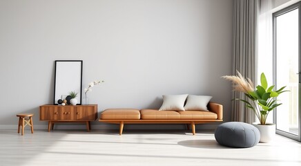 Modern living room interior with a brown leather sofa, grey pouf, and wooden cabinet.