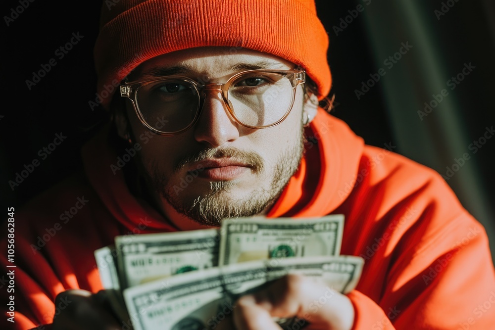 Wall mural a person holding a stack of cash, likely representing wealth or financial success