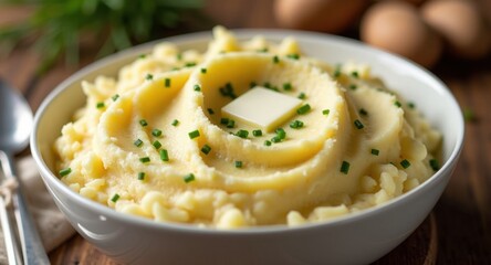 A bowl of creamy mashed potatoes with butter and chives