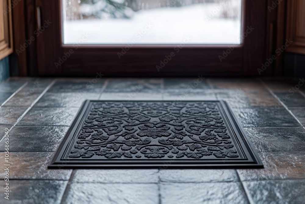 Poster a simple door mat placed on a tiled floor in front of a window, perfect for use in interior design a