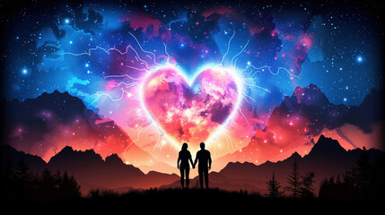 Fototapeta premium couple stands hand in hand against vibrant cosmic backdrop, featuring glowing heart amidst starry sky and mountains. scene evokes feelings of love and connection