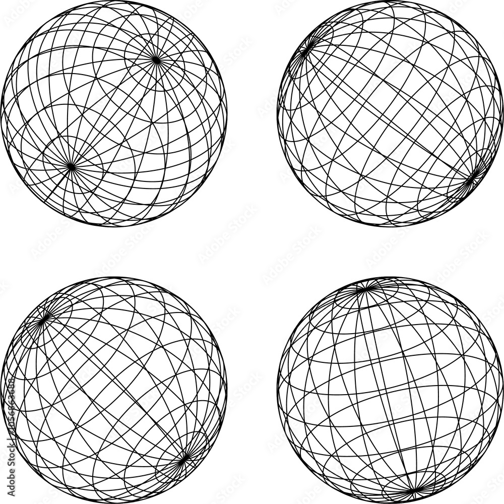 Poster globe grid sphere set. 3d wire global earth latitude, longitude. geometric grid globe. wired line 3d