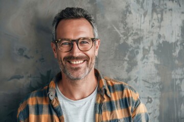 Obraz premium A person wearing glasses and a plaid shirt is smiling, this image can be used for various purposes such as illustrations or editorial content