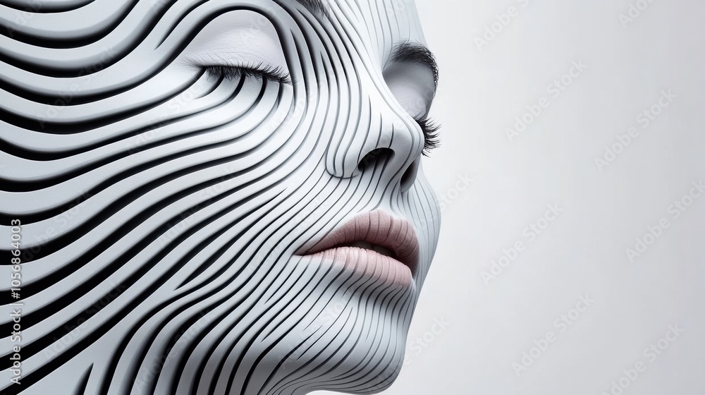 Poster futuristic face with flowing black lines creating a mesmerizing pattern, ai