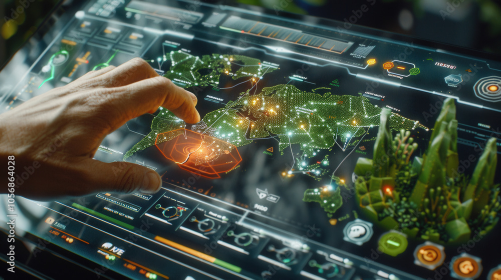 Aufkleber hand interacts with digital dashboard displaying holographic graphs and world map, showcasing advanc
