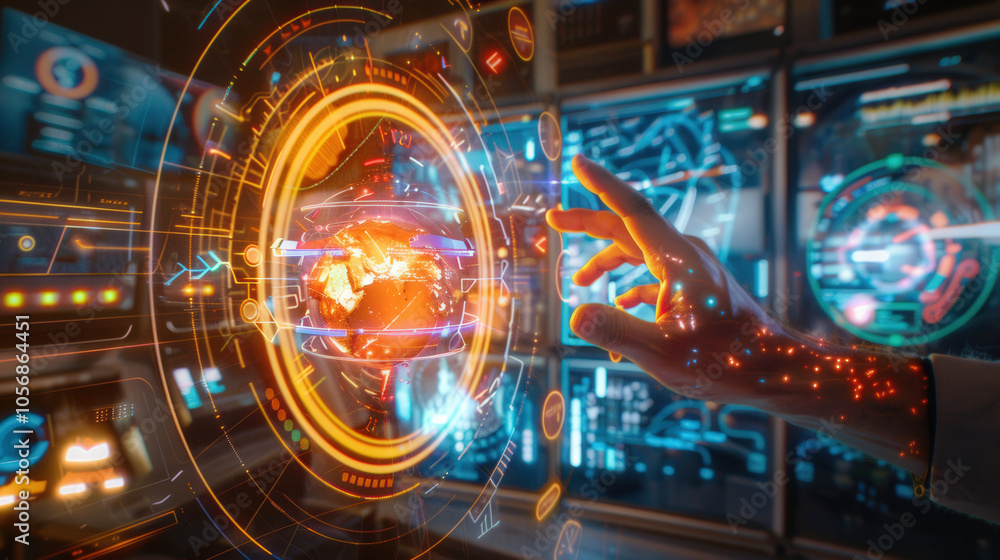 Poster digital interface with layered holographic data showcasing hand interacting with glowing globe. this