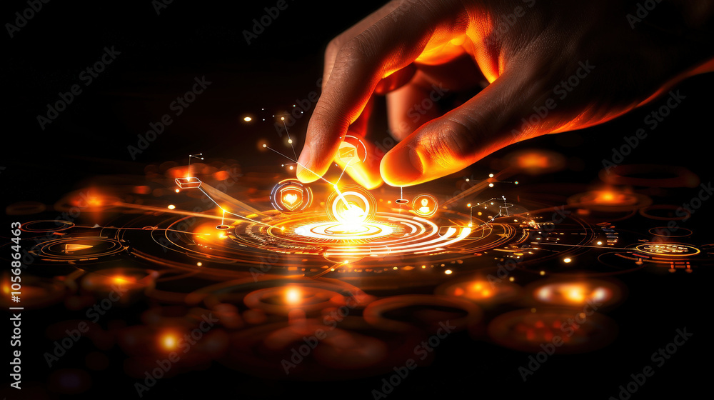 Aufkleber hand interacts with glowing digital icons and data points, creating vibrant display of technology an