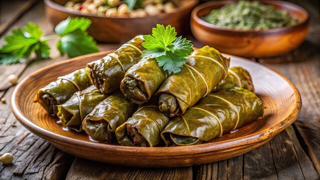 Traditional Azerbaijani dish of dolma with grape leaves stuffed with rice and meat , Azerbaijani, cuisine, food, traditional