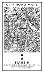 Obraz premium Monochrome Line Art Map of Tianjin City People Republic of China, Illustration and home decoration