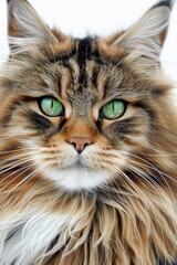 Close-up portrait of a cat with bright green eyes