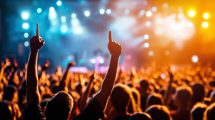 Concert crowd with raised hands celebrating music under bright lights, creating energetic atmosphere filled with excitement and joy