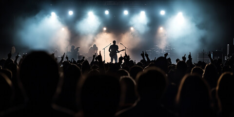 Obraz premium concert crowd silhouetted against bright stage lights creates electrifying atmosphere. excitement and energy of audience are palpable as they enjoy performance