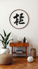 Minimalist Living Room Interior with Wooden Console Table and Chinese Calligraphy.