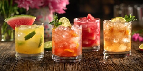 Friends clinking colorful cocktails during a lively event