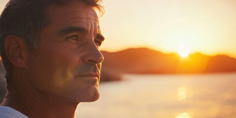 Spanish Man Reflecting on a Serene Sunset Beach View Embracing Tranquility