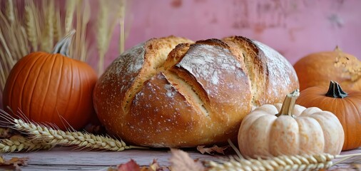 autumn leaves and bread, wheat, multicoloured pumpkins, on pink wooden background. Thanksgiving day card. Harvest.