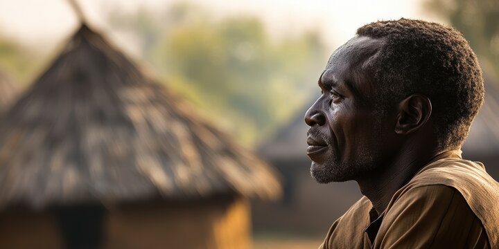 South Sudanese Man Observing a Serene Village Scene in Peaceful Reflection