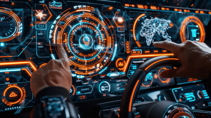High tech dashboard with holographic interface and interactive controls, showcasing advanced technology and data visualization. user engages with system, highlighting innovation and modern design