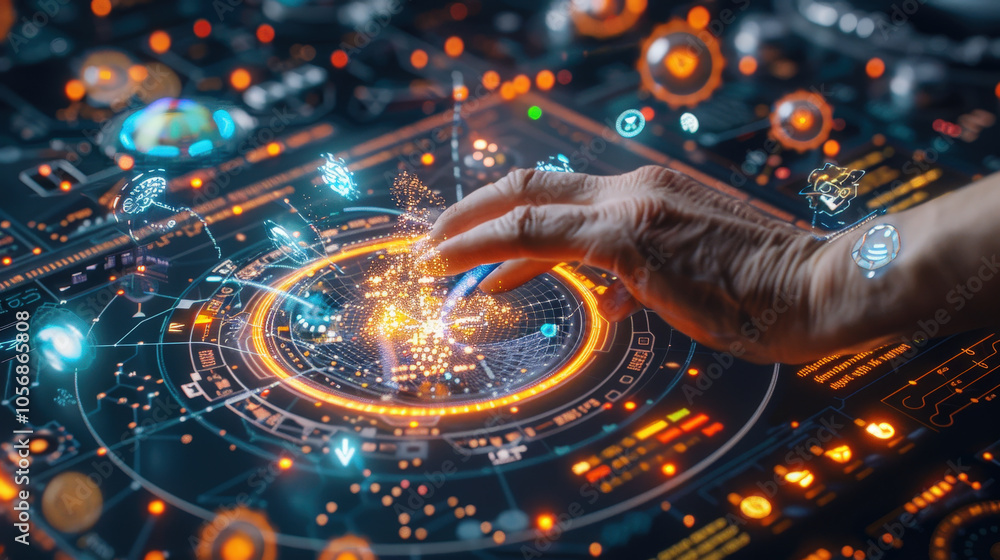 Aufkleber futuristic control panel with holographic charts and glowing data visualizations, showcasing advance