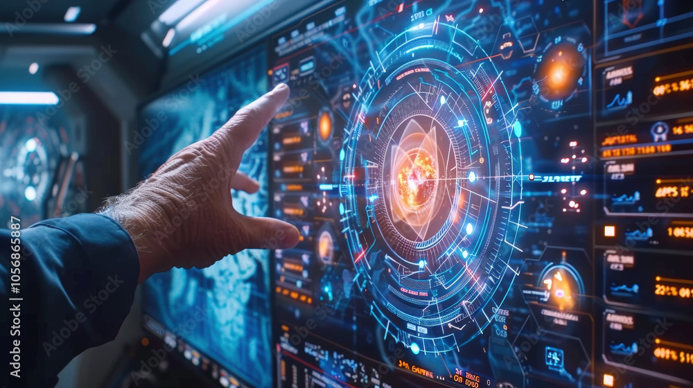 Aufkleber futuristic control panel with holographic charts and data displays, showcasing advanced technology a
