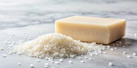 Naklejka premium A close-up image of a bar of soap and a pile of sea salt crystals on a marble surface, clean, hygiene, bath, shower