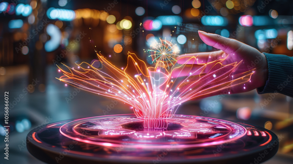 Poster futuristic digital console with vibrant layered holographic display, showcasing interactive elements