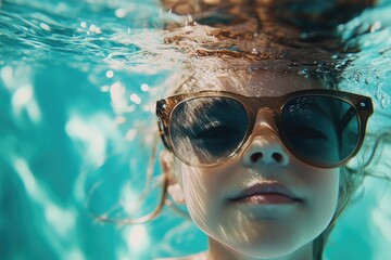 Naklejka premium Young girl swimming in a pool wearing sunglasses, a fun summer scene