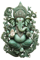 Fototapeta premium Intricate green ganesha sculpture adorned with pearls and elegant swirls symbolizing prosperity and wisdom in spiritual artistry
