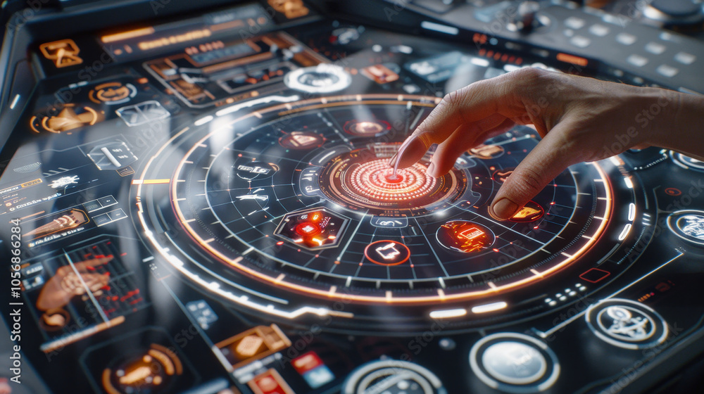 Poster futuristic interface with complex holographic elements, showcasing advanced technology and interacti