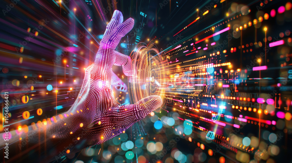 Poster futuristic hand reaching out, surrounded by vibrant holographic data streams and colorful lights, cr