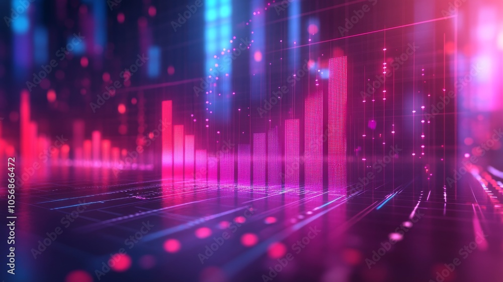 Poster abstract digital bar graph with neon lights in a dark setting