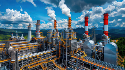 Futuristic power generation facility with clean energy technology, showcasing advanced industrial architecture against vibrant sky. scene evokes innovation and sustainability