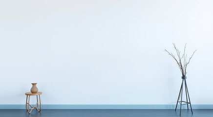 Minimalist interior design with a vase on a table and a vase with twigs on a stand against a white wall.