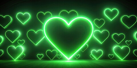 Neon green hearts on dark background abstract and vibrant design, hearts, neon, green, dark background, abstract, vibrant
