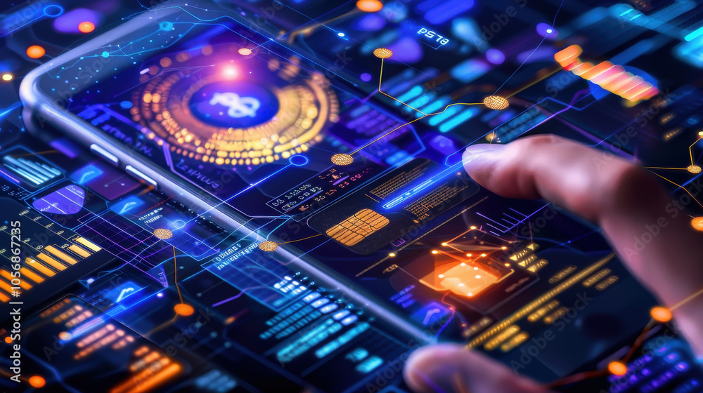 Poster digital technology is showcased with hand interacting with smartphone displaying vibrant data visual