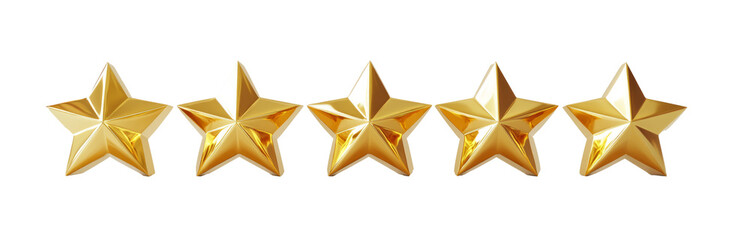 Five star rating review icon, golden 5 stars in a row, isolated on white transparent background