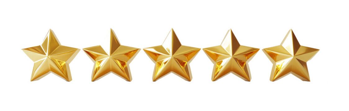 Five star rating review icon, golden 5 stars in a row, isolated on white transparent background