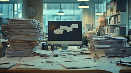 An office scene with a cluttered desk featuring a sleek desktop computer, stacks of papers, and scattered office supplies