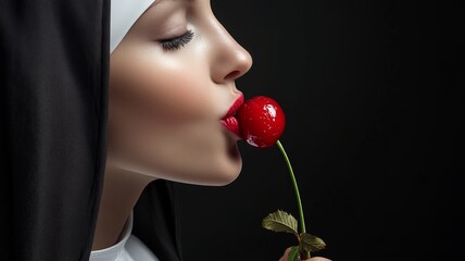 Attractive erotic nun detailed face, large red lips, licking a red wet cherry on a stem , red sensual lips. Temptation and sexual pleasure. Website banner for adult theme. Forbidden fruit concept © MD Media