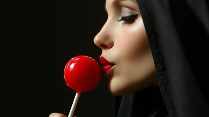 Attractive erotic nun detailed face, large red lips, licking a red wet cherry on a stem , red sensual lips. Temptation and sexual pleasure. Website banner for adult theme. Forbidden fruit concept © MD Media