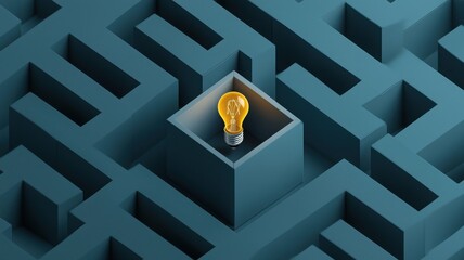 A light bulb stands alone in the center of a complex maze, symbolizing innovation and finding solutions amidst challenges.