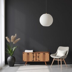 Modern living room with a wooden cabinet, armchair, and a hanging light.