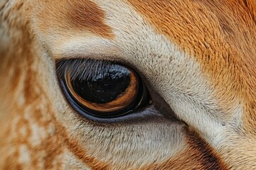 A close-up shot of a giraffe's eye, focusing on its unique features