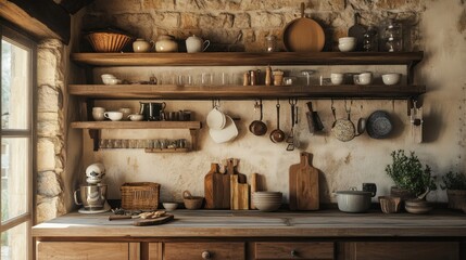 Naklejka premium Rustic Charm: A Cozy Kitchen in a Stone Cottage
