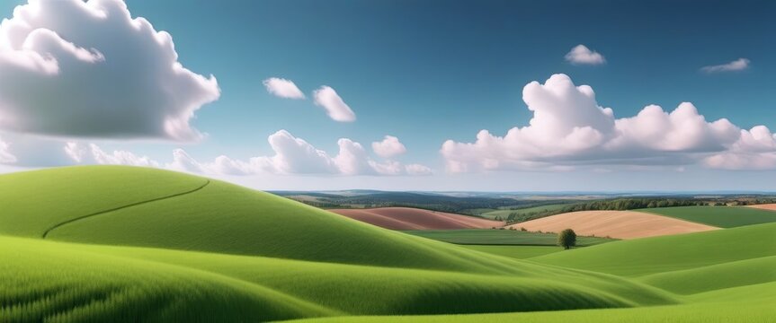 Scenic rolling hills under a vibrant blue sky with fluffy clouds